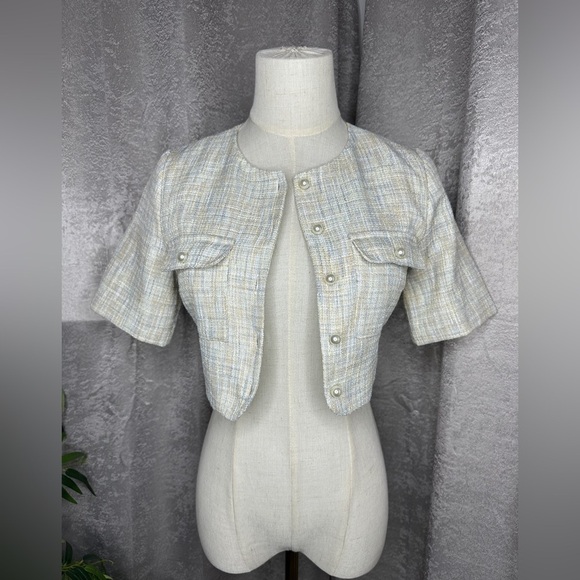 Love Bonito Women’s Short Sleeve Tweed Crop Top in Cream Sz 2 - Picture 1 of 9